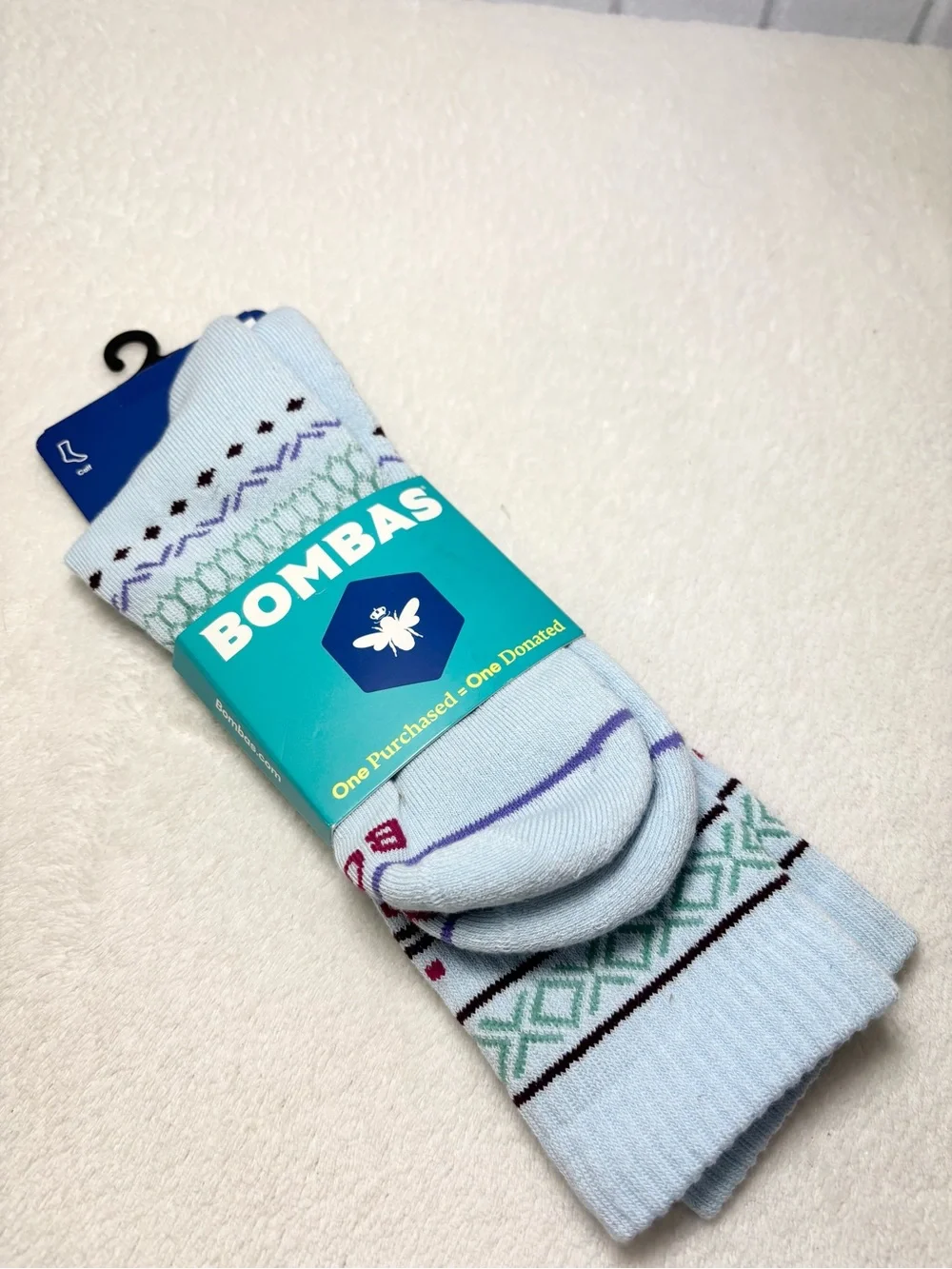 Bombas Light Blue Calf Socks with Green & Purple Pattern Size L